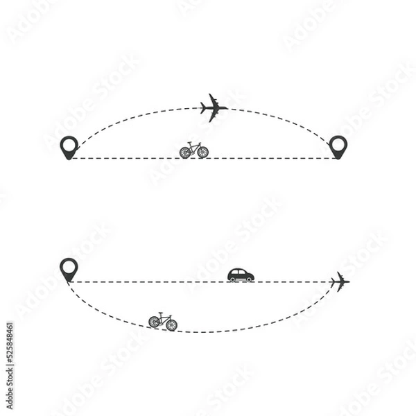 Fototapeta Set of dashed line airplane route with location icon