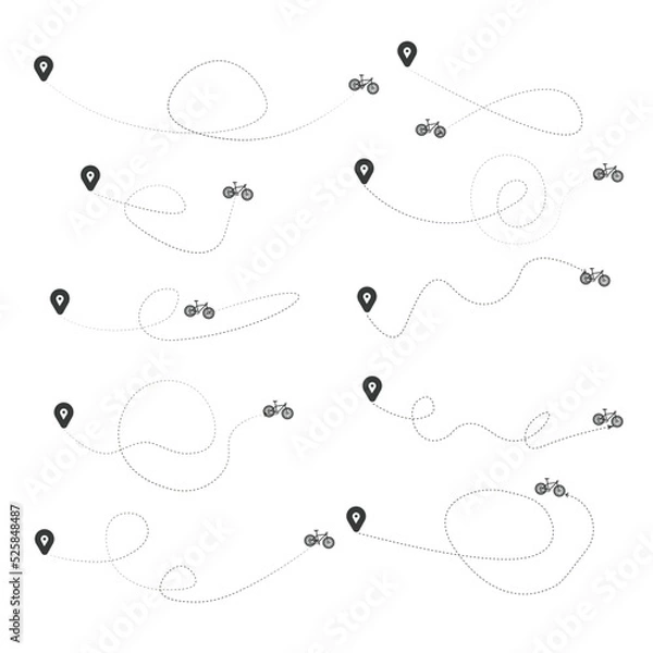 Fototapeta Set of dashed line airplane route with location icon