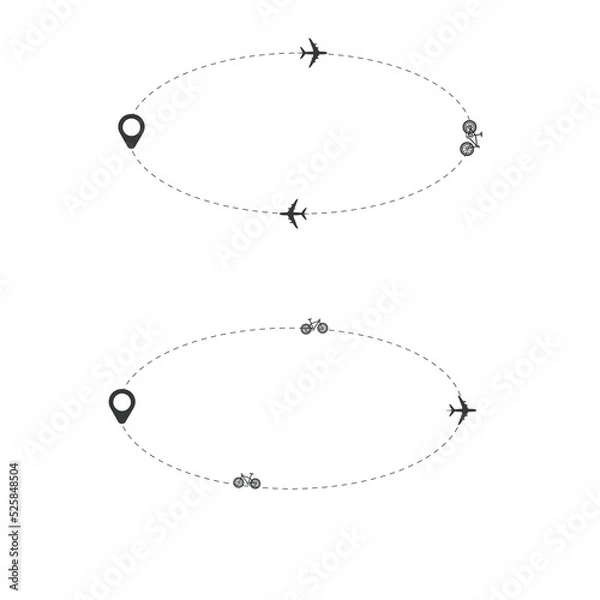 Fototapeta Set of dashed line airplane route with location icon