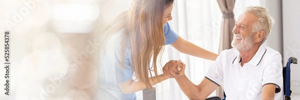 Obraz Web banner Man being cared for by a private Asian nurse at home suffering from Alzheimer's disease to closely care for elderly patients with copy space on left