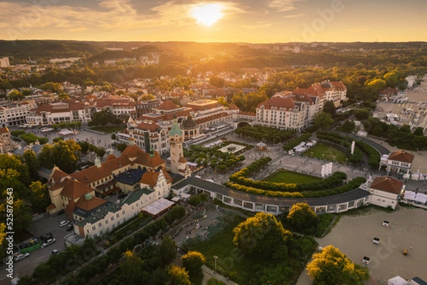 Fototapeta Aerial view of Sopot and the buildings of the seaside village. A warm summer afternoon creates a pleasant atmosphere in the photo.