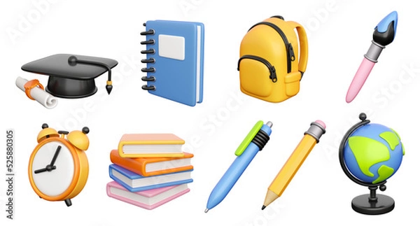 Fototapeta Icons set for back to school, learning and onlline education banners. School bag, notebook, writing accessories, globe, books stack, clock and graduation cap. 3d high quality isolated render