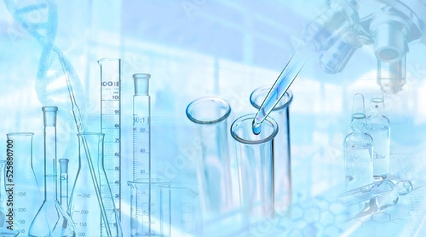 Fototapeta Research, science, medicine in laboratory with microscope, pipette, test tube, syringe, DNA and formula