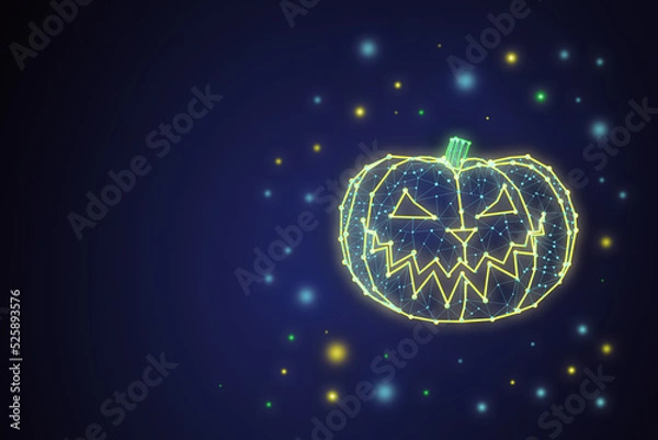 Fototapeta Halloween holiday. 2d neon pumpkin made of polygonal multicolored lines, triangles on a dark blue background. Bright flashes around the smiling pumpkin with copy space