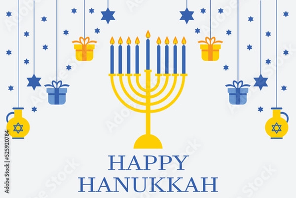 Obraz Hanukkah background with holiday candles, dreidels, Hebrew letters and David stars. Modern paper cut design for Jewish Festival of light. Vector illustration with place for your text