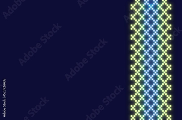 Fototapeta Text background with neon cosmic ornament of yellow and blue squares on dark blue. The concept of Ukrainian style, embroidery, folk traditional motifs, technology