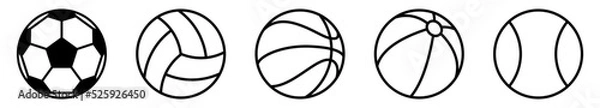 Fototapeta Ball linear icons. Set of different ball icons. Sport symbols. Black vector illustration.