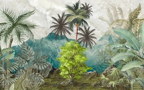 Fototapeta mountain and tree landscape wallpaper design, colorful background, tropical trees, palm, banana tree, mural art.
