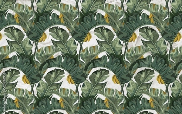 Fototapeta big banana leaves wallpaper design, tropical leaves and banana, exotic background, modern wallpaper, mural art, interior design decor items