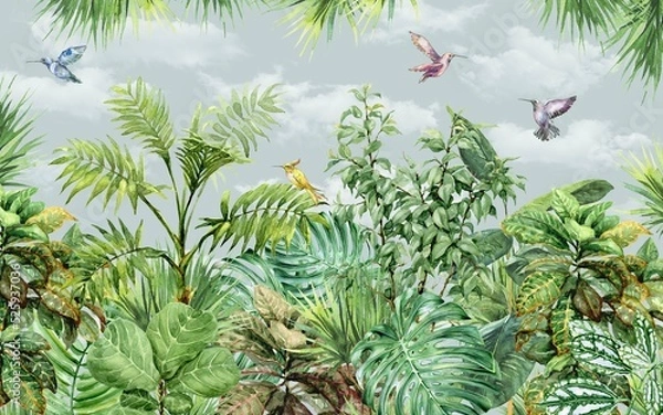 Fototapeta forest scenery wallpaper design with watercolor effect, green background, colorful birds, spring theme, backyard landscape, mural art.