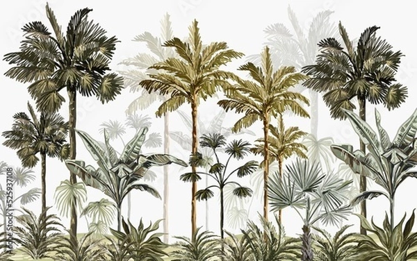 Fototapeta hand drawn forest landscape wallpaper design, tall palm trees, tropical trees, earth tones, modern wallpaper, background, mural art.