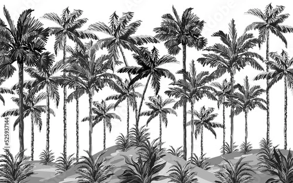 Obraz black and white palms wallpaper design, drawing, modern background, interior architecture, decor design, mural art.