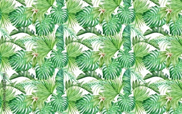 Obraz green tropical leaves, banana and palm leaf, colorful, modern wallpaper, watercolor effect, minimal design, trend mural art