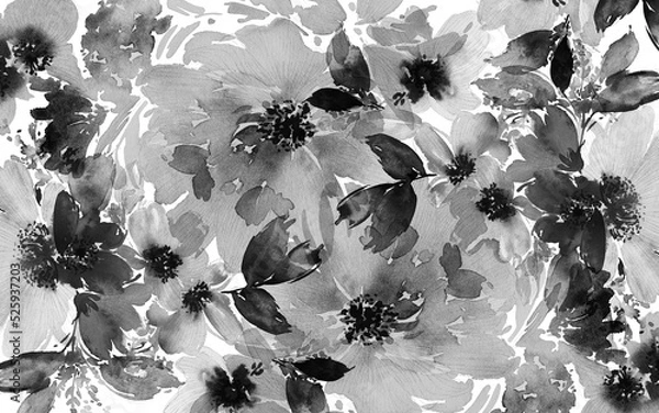 Obraz Watercolor flowers wallpaper design, black and white, pattern design, rose and leaf, mural art. 