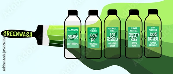 Obraz Greenwash labels on consumer products, advertising marketing spin to deceptively persuade consumers that the companies products, aims and policies are environmentally friendly.