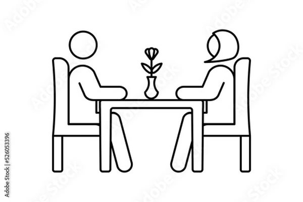 Fototapeta Vector illustration of couple at the table. Man and woman on a date, acquaintance, flowers, dinner, dating site, anniversary. Vector line icon for Business and Advertising
