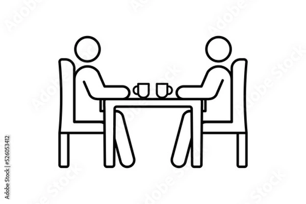 Fototapeta Vector illustration of couple at the table. Man and woman on a date, acquaintance, flowers, business meeting, dinner, dating site, anniversary. Vector line icon for Business and Advertising
