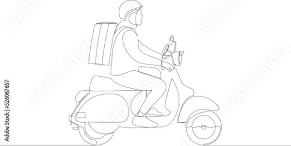Fototapeta Continuous line drawing of delivery man ride scooter motorcycle. One line art vector.