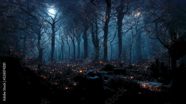 Obraz Dark woods halloween background forest at night with blue moonlight shining through the trees and tiny amber fireflies.