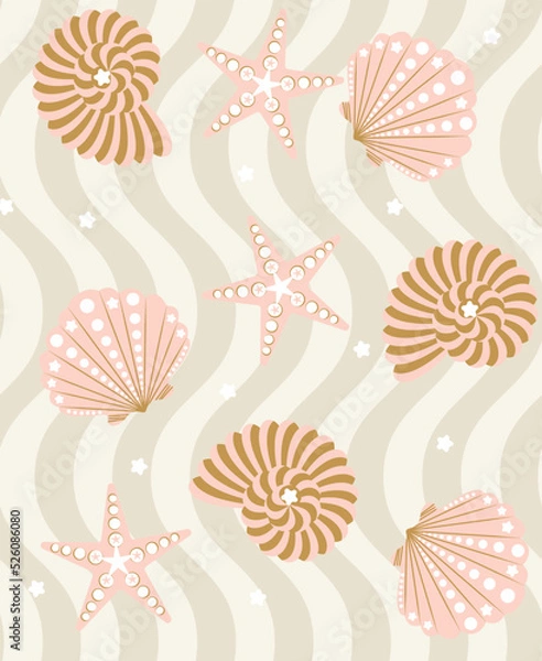Obraz Abstract Geometric Decorative Seashell Starfish Wavy Stripes Seamless Pattern Trendy Fresh Fashion Colors Perfect for Swimwear Fabric Allover Print