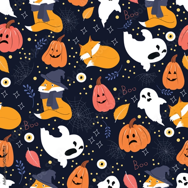 Fototapeta Halloween holiday seamless pattern background with pumpkin, ghost, fox and eyeball. Vector illustration