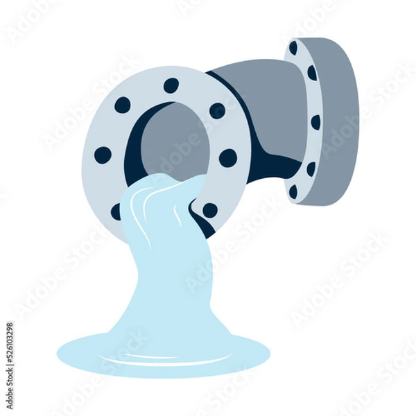 Fototapeta Plumbing element. Liquid pouring from a pipe. Waste water is poured into the river. Illustration in flat cartoon graphic style. Metal sewer pipe with a bend. Clear clean water in the tap.