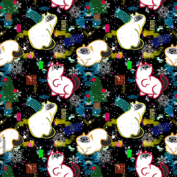 Fototapeta Christmas seamless background with cats. Illustration with the symbol of the year.