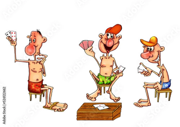 Fototapeta A group of funny friends playing poker together. Illustration on a white background.