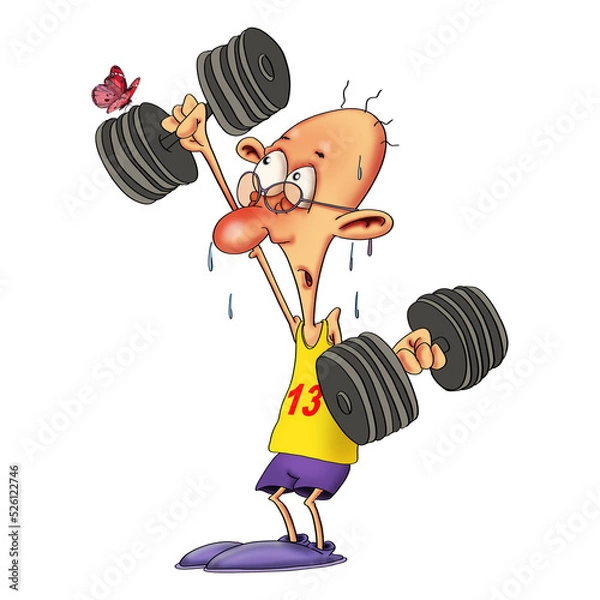 Fototapeta a thin athlete shakes his muscles with dumbbells with all his might, sweating profusely.