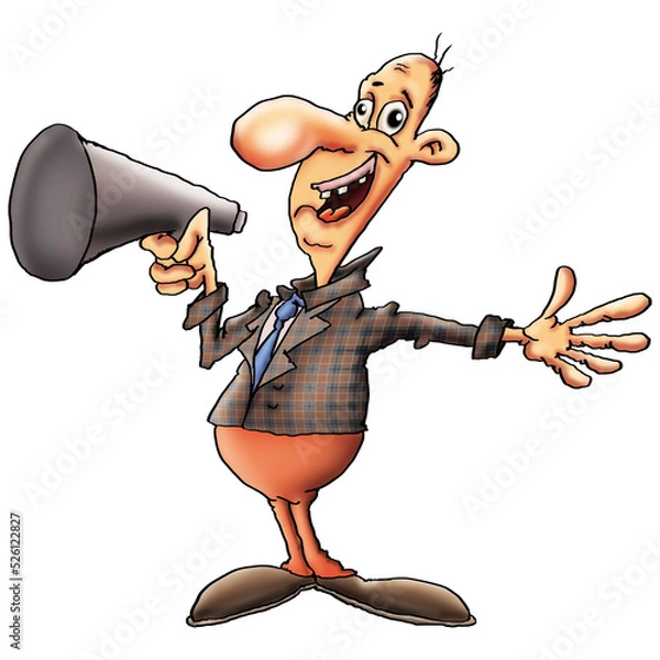 Fototapeta a businessman makes an announcement over a loudspeaker. caricature on a white background