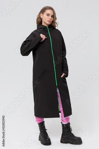 Obraz Beautiful girl in a raincoat. Front view. Raincoat template mock-up