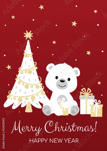Obraz Postcard for New Year and Christmas. Cute polar bear, Christmas tree, gifts, stars, snow with gold glitter effect A5 format	
