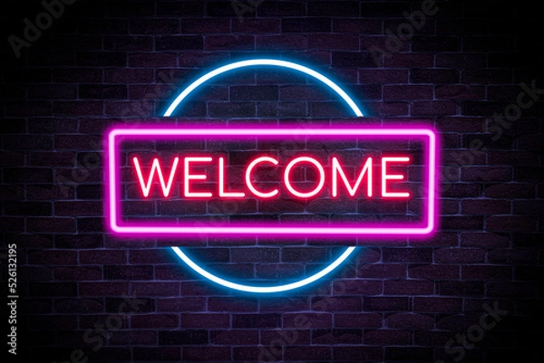 Obraz Welcome neon banner on brick wall.