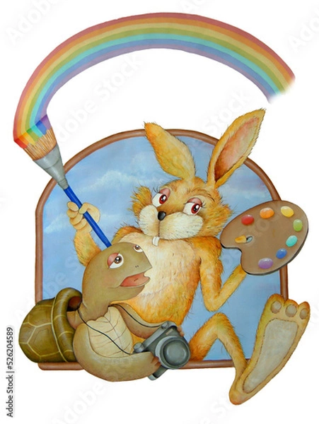 Obraz ウサギとカメは仲良し　アートな二人　手描き風