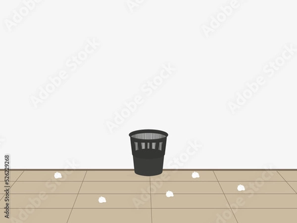 Obraz Black plastic wastepaper basket and paper on the floor indoors