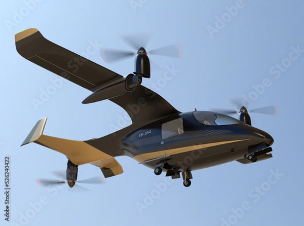 Fototapeta Electric VTOL passenger aircraft  flying in the sky. Air mobility concept.  3D rendering image.