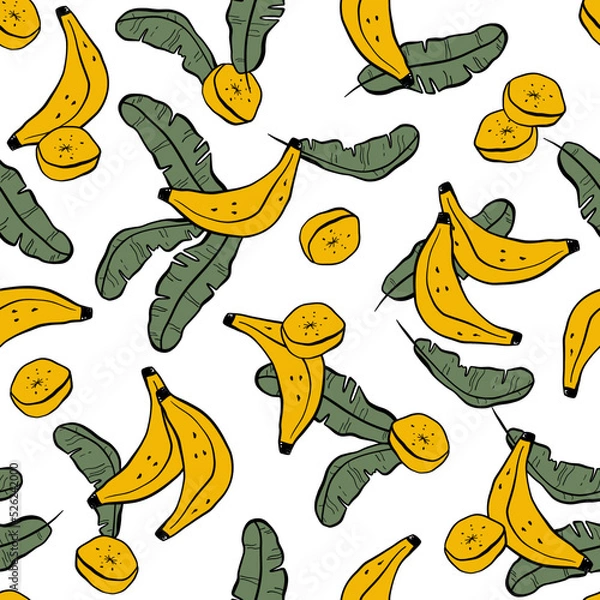 Obraz Tropical seamless pattern with yellow bananas and leaves on a white background. Ideal for fabric, textile, wallpaper, prints, scrapbooking, wrapping paper, invitation and party decoration