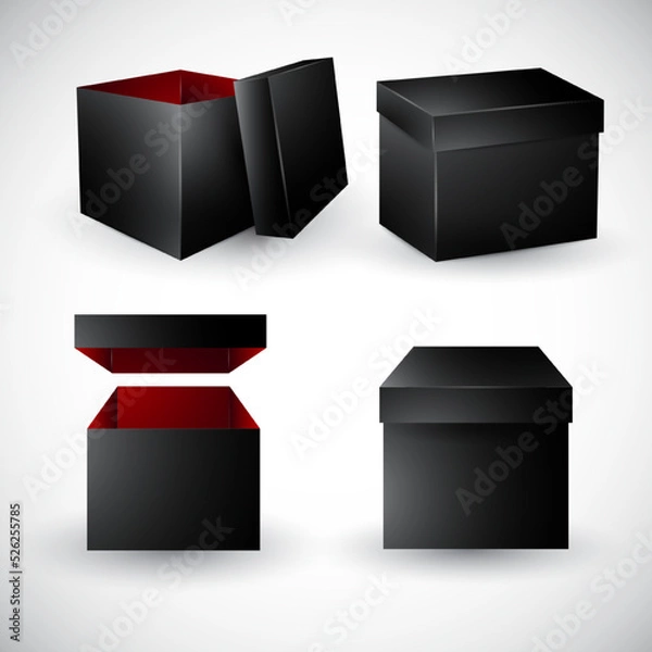Obraz Black box packaging. Top view open and closed gift presentation boxes. Empty cardboard black carton package 3d vector mockup.
