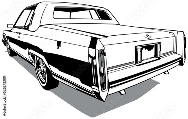 Fototapeta Drawing of a Classic Vintage Car American Limousine from Rear View - Black and White Illustration Isolated on White Background, Vector