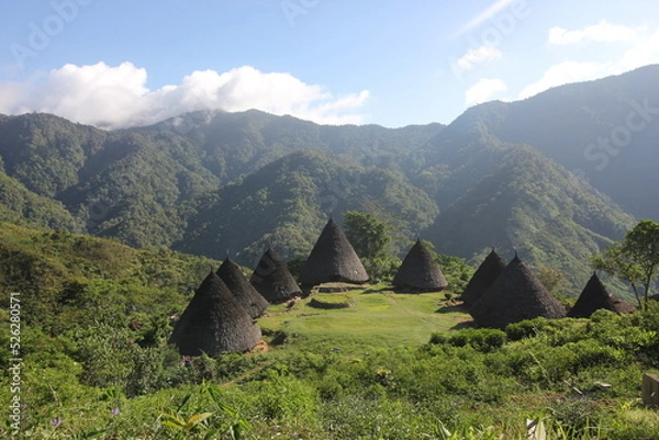 Fototapeta Wae Rebo village, Wae Rebo is an old Manggaraian village, situated in the pleasant, isolated mountain scenery. Feels fresh air and sees the beautiful moment in Flores, Indonesia. Labuan Bajo	
