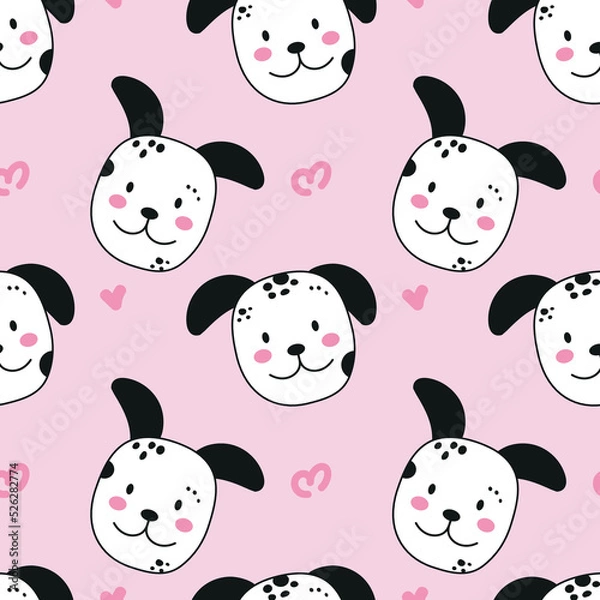 Fototapeta Dalmatian seamless pattern, dog texture, spotted puppy background, pet wallpapers, muzzle endless ornament, children design repeating print on pink for textiles, wrapping paper, fabric, decoration