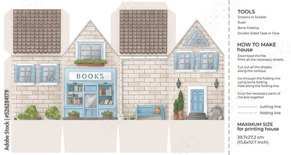 Obraz Kids craft paper house. Cut and glue cartoon 3D toy doll house. Building paper craft model. Printable template