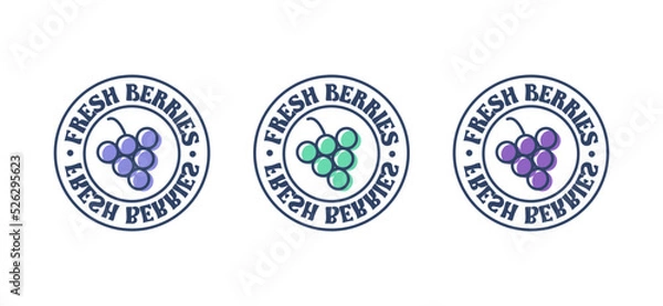 Fototapeta Set grape sticker. Fresh berries organic grape label food sticker and element. Fresh berries inscription on cirle isolated on white background. Cute purple green grape icon. Grape logo	