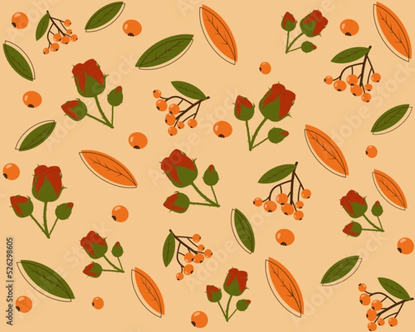 Obraz Autumn pattern, pattern with fallen leaves, berries, roses