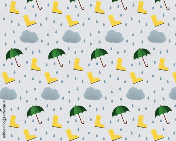 Obraz Autumn pattern, pattern with rain, clouds, drops, umbrella, rubber boots