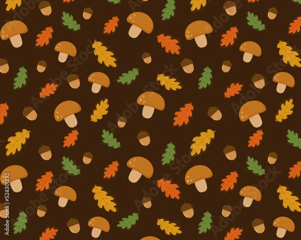 Obraz Autumn pattern, pattern with acorns, fallen leaves, mushrooms