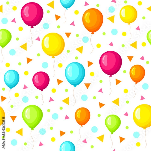 Fototapeta Vector seamless pattern with colorful balloons isolated on white background. Cartoon ballooons with confetti seamless pattern .Gift birthday wrapping, packaging, wrapping paper
