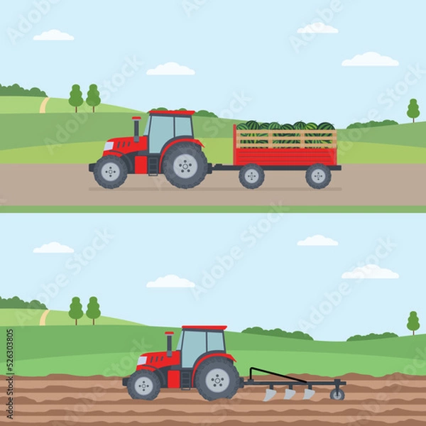 Obraz Tractor plowing the field. Tractor carrying the harvest. Agriculture concept. Vector illustration.