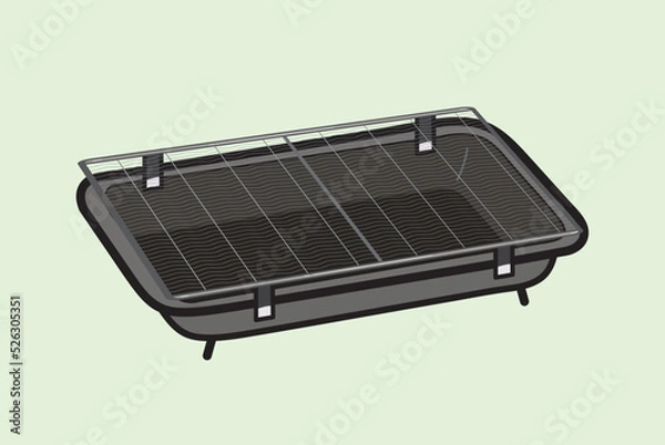 Fototapeta Rectangle black portable charcoal barbecue grill device in flat illustration art design