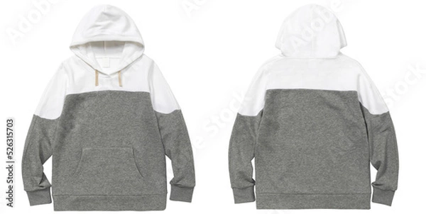 Fototapeta Blank white hoodie sweatshirt long sleeve with clipping path, men hoody with hood for design mockup for print, isolated on white background. Template sport winter clothes..Front back Hoodie collection